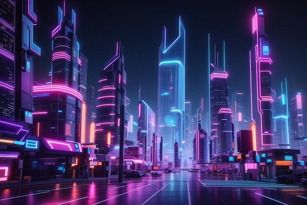 Neon buildings in a futuristic city at night with illuminated skyscrapers