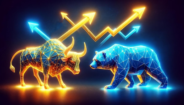 Photo neon bull and bear market indicators