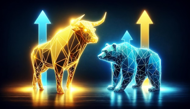 Photo neon bull and bear market indicators