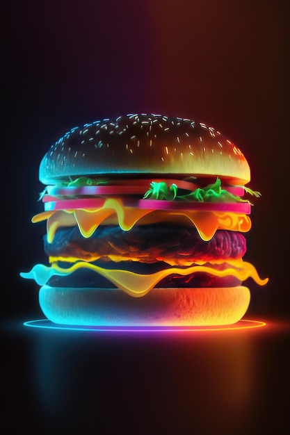 Photo a neon burger with the word burger on it