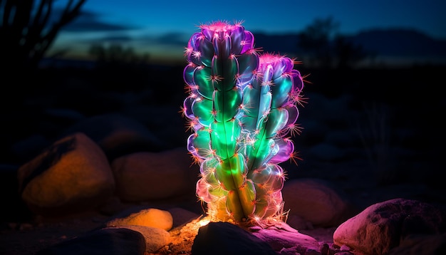 a neon cactus in the middle of an arizona desert