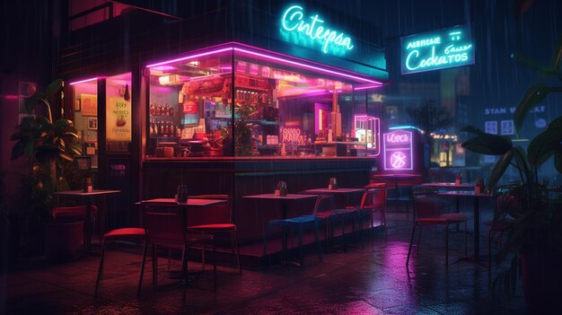 Neon café-auto en regen