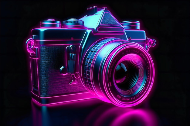 A neon camera on black background with neon lights