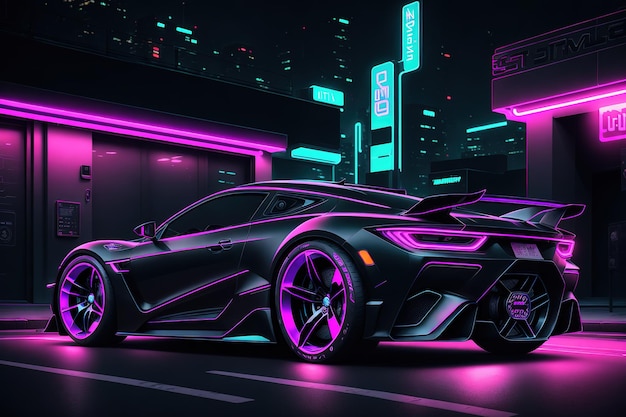 A neon car in the city.