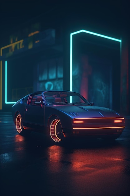 A neon car in a dark city