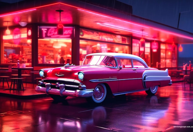 A neon car in an oldfashioned diner with neon lights