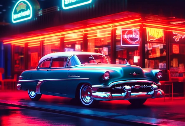 A neon car in an oldfashioned diner with neon lights