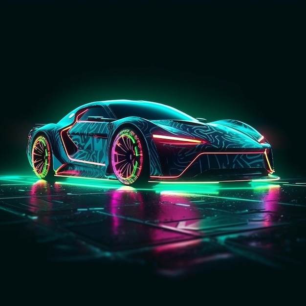 A neon car with the word supercar on the front.