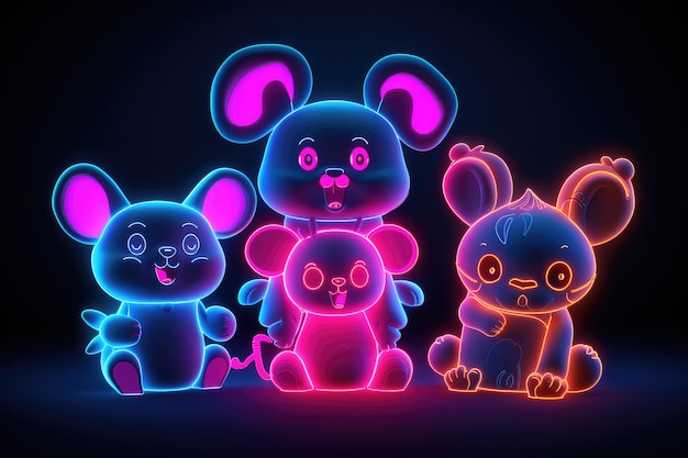 Neon Cartoon Characters with Glowing Laser Beams