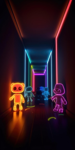 Neon Cartoon Characters with Glowing Laser Beams