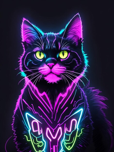 Neon Cat 80s style tshirt vector illustration