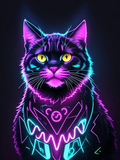 Neon Cat 80s style tshirt vector illustration