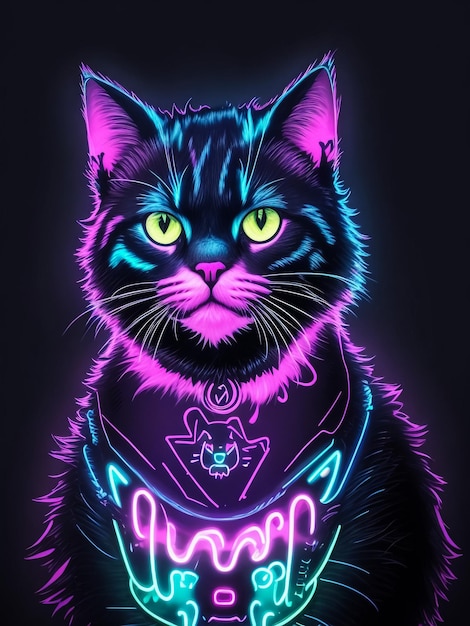 Neon Cat 80s style tshirt vector illustration