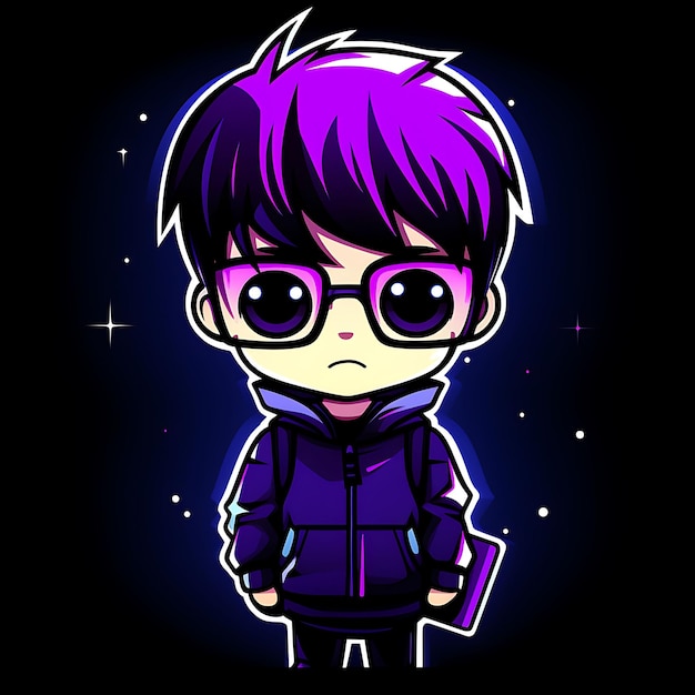 Neon Character of Charming Chibi Boy With Bowl Cut and Round Glasses School Un Clipart Sticker Set