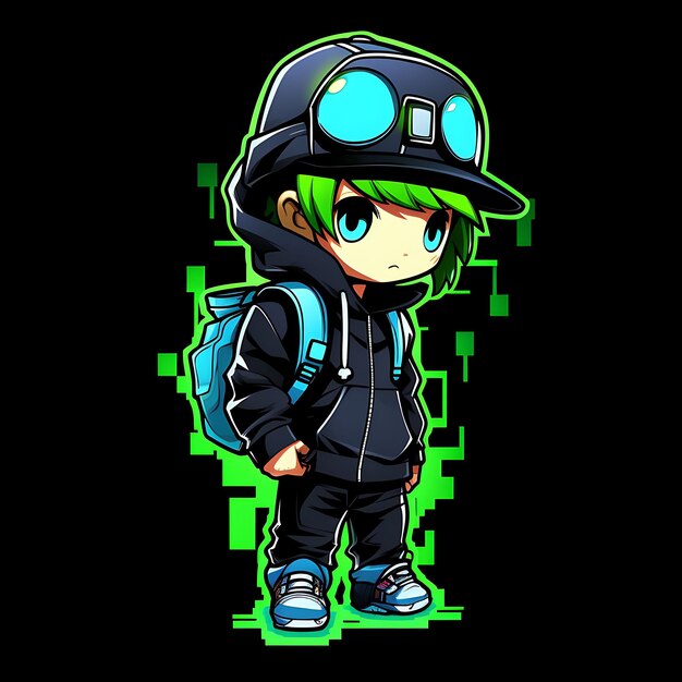 Neon Character of Cool Chibi Boy With Undercut Hairstyle and Beanie Skateboard Clipart Sticker Set