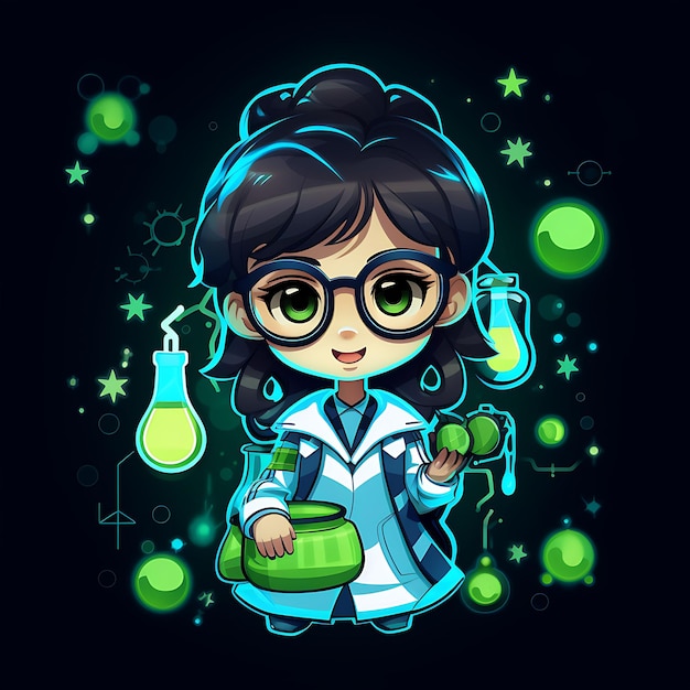 Neon Character of Intelligent Chibi Girl With Glasses and a Messy Bun Scientis Clipart Sticker Set