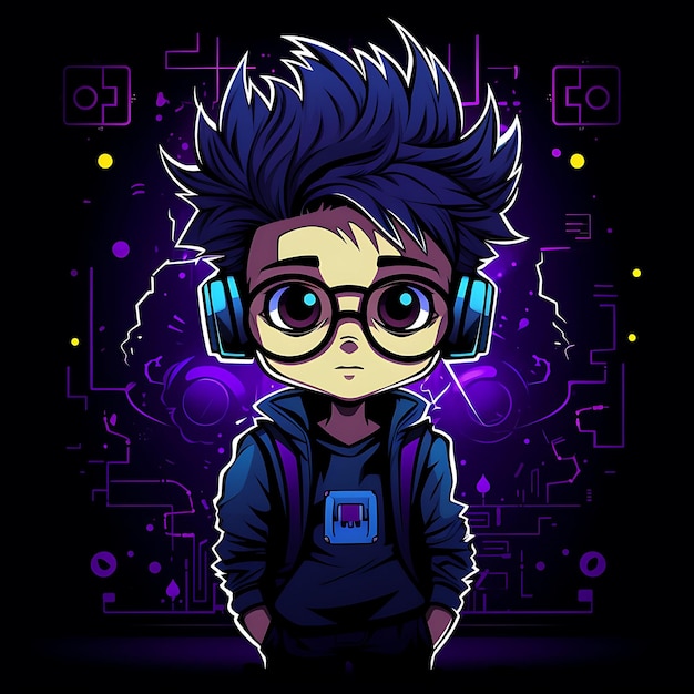 Photo neon character of quirky chibi boy with messy bedhead and glasses geeky t shir clipart sticker set