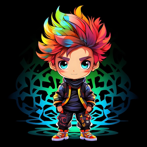Photo neon character of quirky chibi boy with wild multicolored hair eccentric fashi clipart sticker set