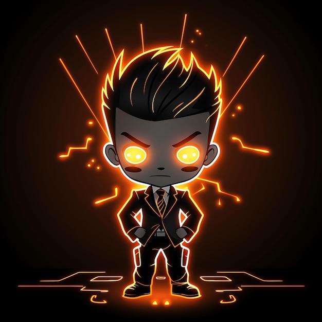 Neon Character of Stylish Chibi Boy With Slicked Back Hair Tailored Suit Cyber Clipart Sticker Set