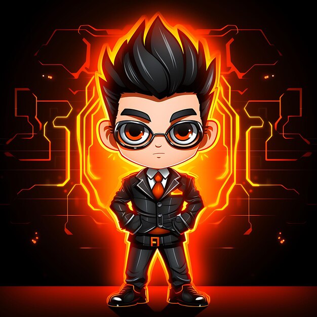 Neon Character of Stylish Chibi Boy With Slicked Back Hair Tailored Suit Cyber Clipart Sticker Set