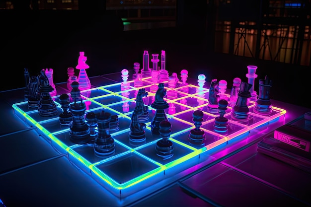 Neon chess game with pieces in motion and battles taking place created with generative ai