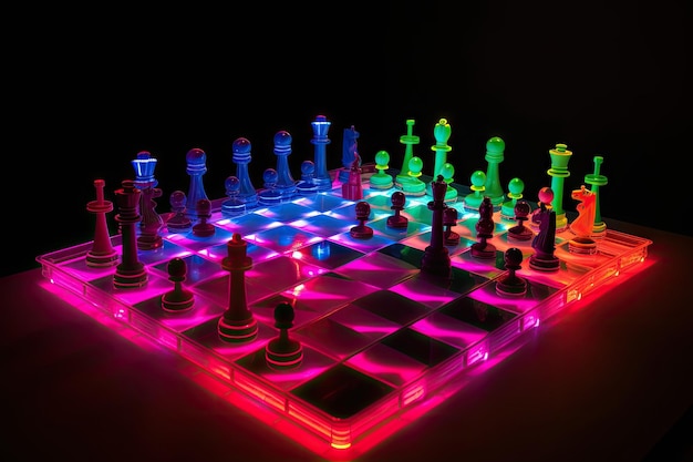 Foto gioco di scacchi al neon con pezzi in movimento e battaglie in corso creato con intelligenza artificiale generativa