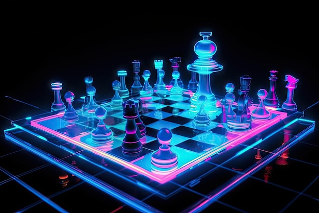 Photo neon chess game with pieces in motion and sparks flying created with generative ai