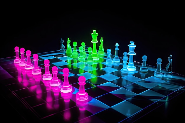 Neon chess pieces in action with lightningfast moves created with generative ai