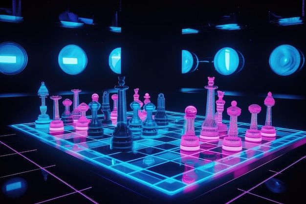 Neon chess set in futuristic room with hovering holographic displays created with generative ai