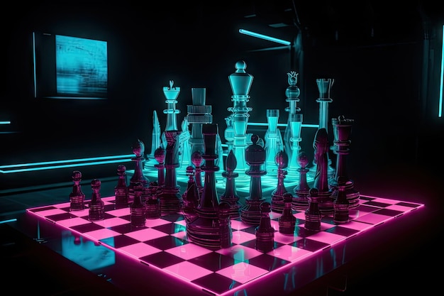 Neon chess set in futuristic scifi setting created with generative ai