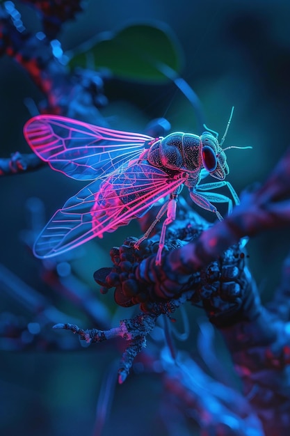 Photo neon cicada on digital branch dusk setting