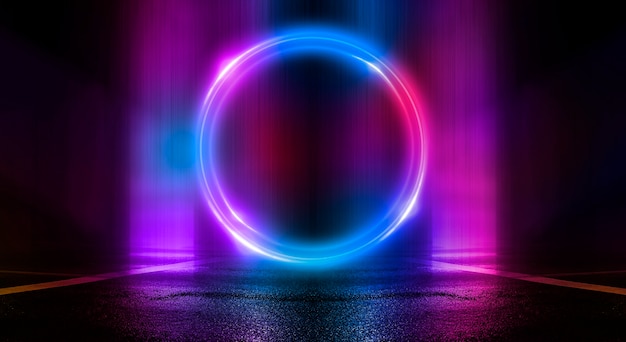 Neon circle dark street neon light smoke abstract dark\
background with neon glow wet asphalt reflection on the water neon\
rays and lines