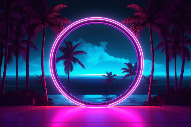 A neon circle frame tropical leaves with lights in the background