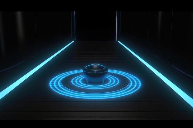Неоновый круг, светящиеся лазерные лучи, коридор, коридор, генеративный ИИ, пустой подиум