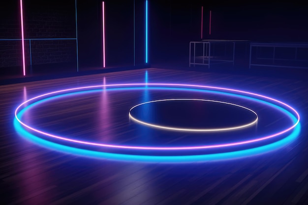 A neon circle is lit up on a wooden floor.