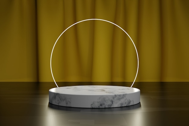 Neon circle and marble 3d podium for product presentation with yellow textile curtain on background