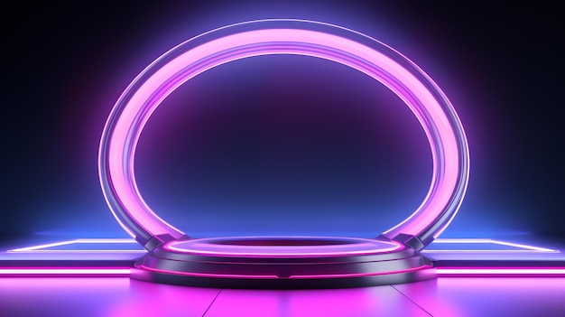 Neon circle podium illuminated in dark room 3d rendering