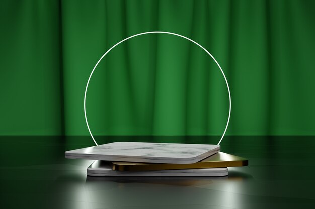 Neon circle and square golden and marble podiums for product presentation with green textile curtain