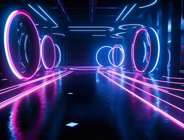 Neon circles on a dark walkway