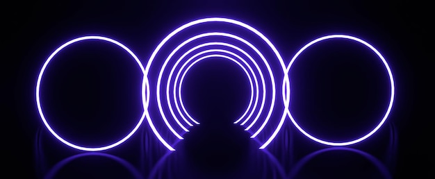 Neon circles frame with futuristic reflection Round blue electric banner with 3d render glow and digital highlights on dark surface Digital cyber billboard with lighting and synthwave design