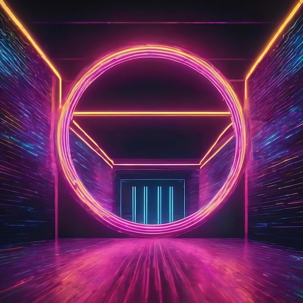 Neon cirkel abstracte achtergrond blauw spectrum levendige kleuren gloeiende lijnen tunnel neon lichten v