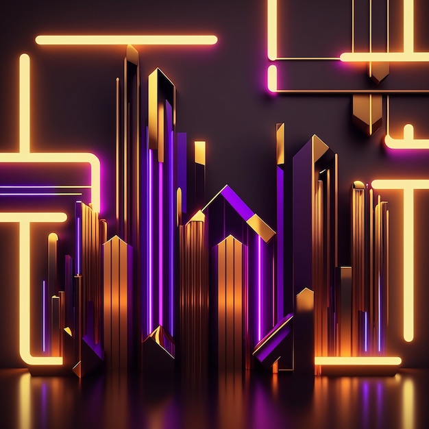 A neon city lights with a city in the background