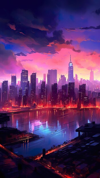 Photo neon city skyline view ai generate