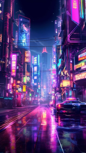 Neon city street scene with cars and neon signs at night generative ai