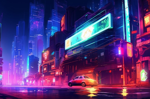 neon city street scene with cars and neon signs at night generative ai