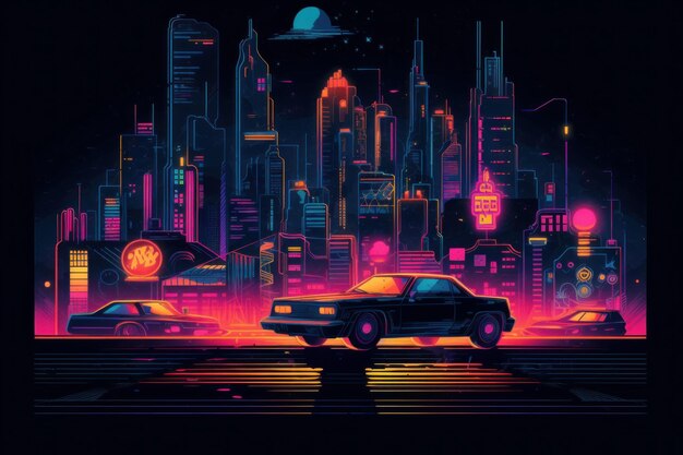 A neon city with a car driving by a ufo.