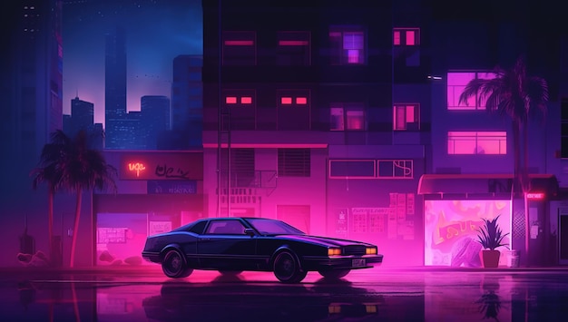 A neon city with a car in the foreground and a sign that says'car '