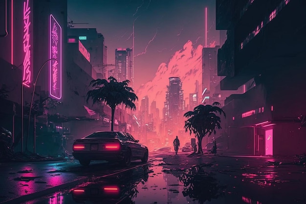 A neon city with a car in the middle of it