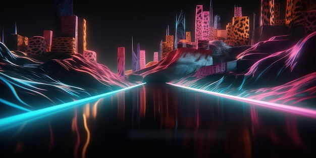 A neon city with a city in the background