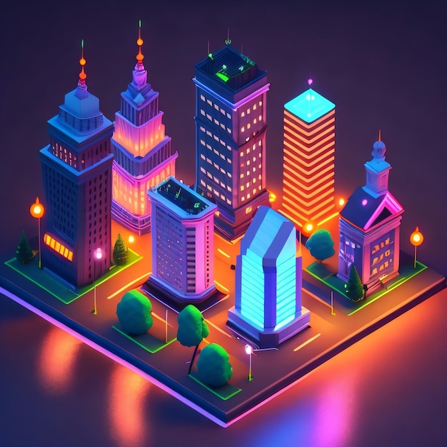 A neon city with a lot of buildings and a light on it.